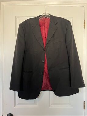 Men's Black Suit Jacket with Red Lining - Classic Single-Breast